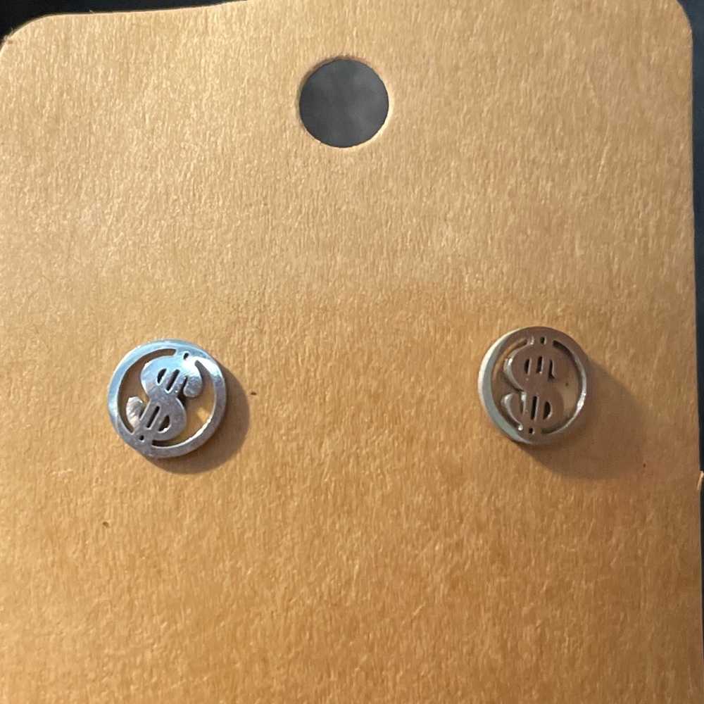 Silver Money Sign Stud Earrings